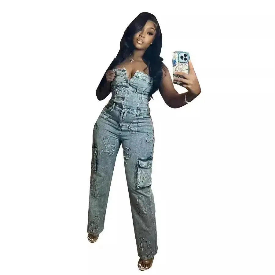 Sexy Denim Embroidery Jumpsuit Summer Sleeveless Backless Pencil Pants Jean One Piece Overalls for Women Streetwear Bodysuit FZwear