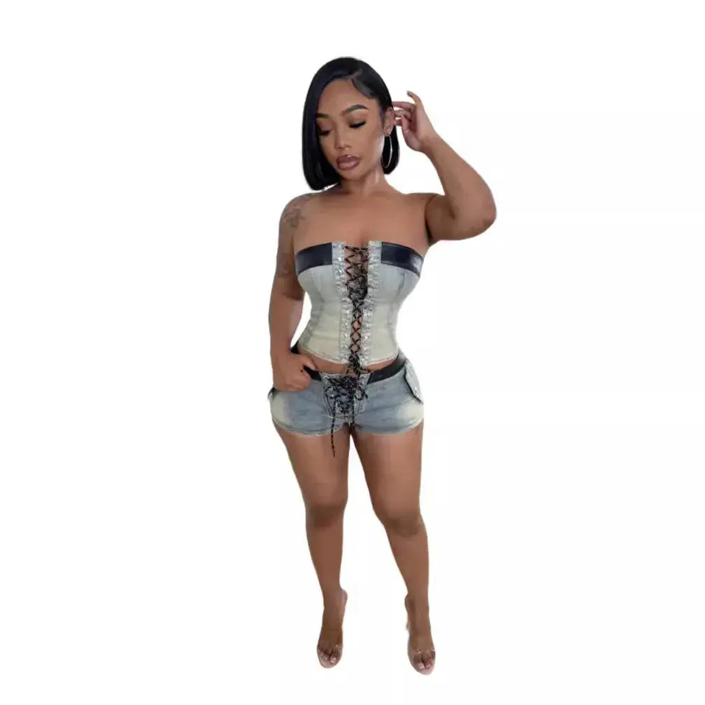 Sexy Denim Y2K Two Pieces Shorts Set Summer Sleeveless Bandage Skinny Crop Top Shorts Chic 2 Piece Suit Club Party Streetwear FZwear