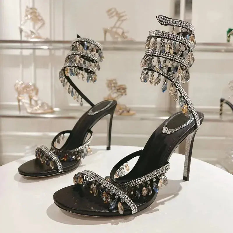 Sexy High Heels Sandals Woman Crystal Pendant Snake Twine Around Twine Ankle Strap Party Shoes Summer Gladiator Sandals Women FZwear