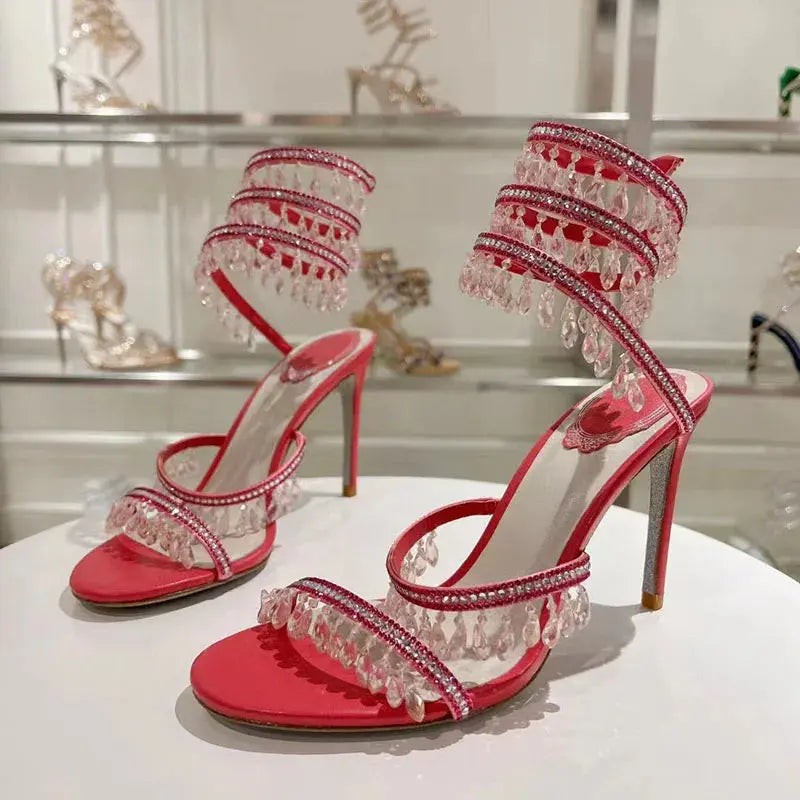 Sexy High Heels Sandals Woman Crystal Pendant Snake Twine Around Twine Ankle Strap Party Shoes Summer Gladiator Sandals Women FZwear