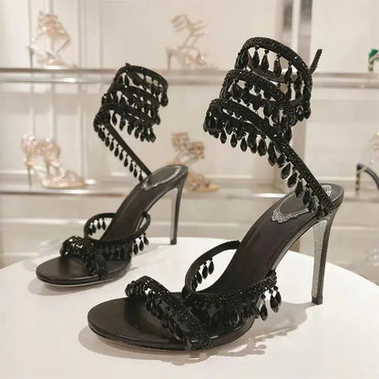 Sexy High Heels Sandals Woman Crystal Pendant Snake Twine Around Twine Ankle Strap Party Shoes Summer Gladiator Sandals Women FZwear