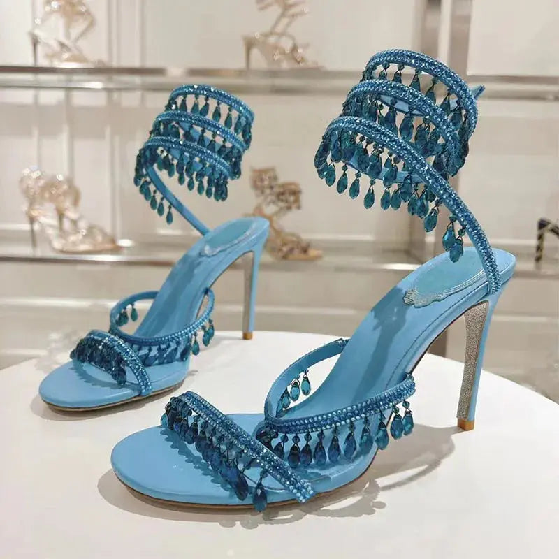 Sexy High Heels Sandals Woman Crystal Pendant Snake Twine Around Twine Ankle Strap Party Shoes Summer Gladiator Sandals Women FZwear