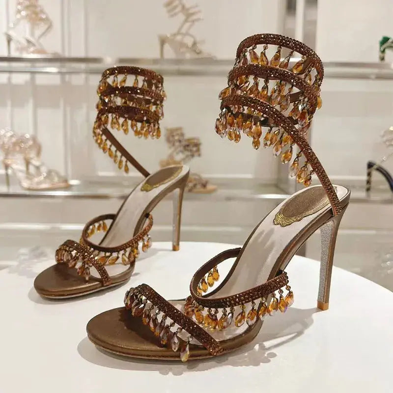 Sexy High Heels Sandals Woman Crystal Pendant Snake Twine Around Twine Ankle Strap Party Shoes Summer Gladiator Sandals Women FZwear