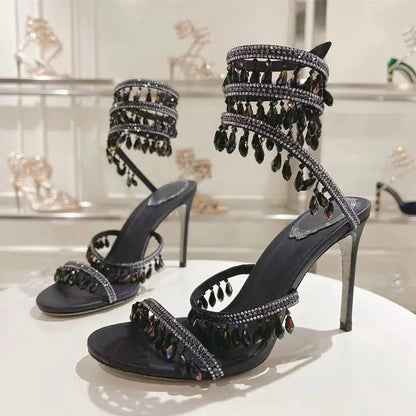 Sexy High Heels Sandals Woman Crystal Pendant Snake Twine Around Twine Ankle Strap Party Shoes Summer Gladiator Sandals Women FZwear