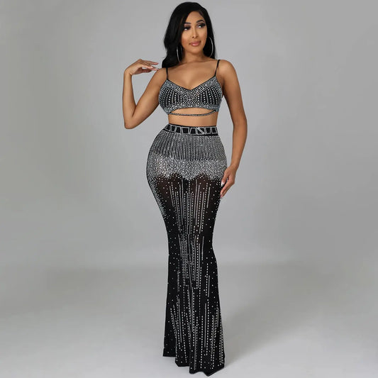 Sexy Women Wear Nightclub Party Mesh See through Camisole Maxi Dress Two Piece Set Emi