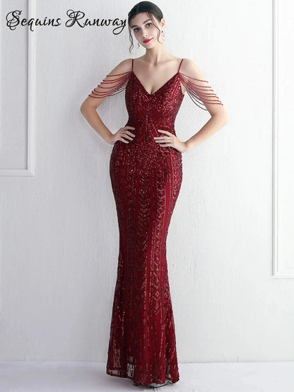 FZ Women's Sexy Sequin Maxi Slip Rhinestone Evening Dress