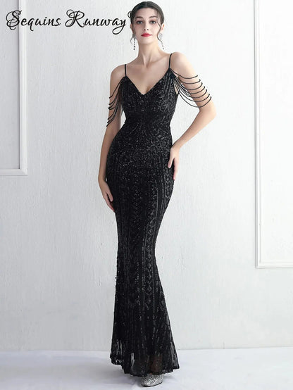 FZ Women's Sexy Sequin Maxi Slip Rhinestone Evening Dress