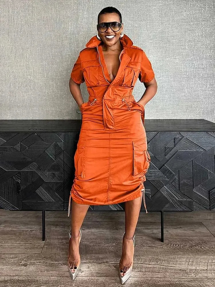 FZ Women's Drawstring Waist Pocket High Street Vintage Retro Midi Dress