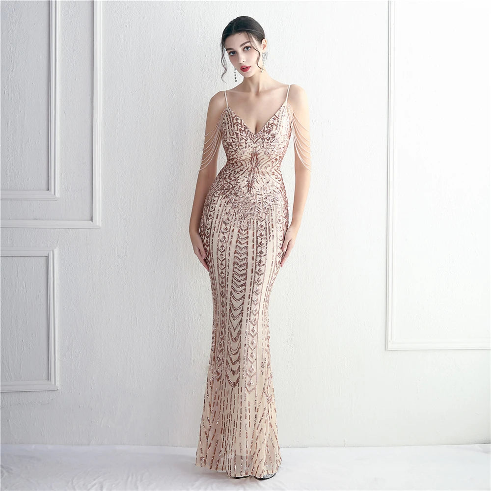 FZ Women's Sequin Long Strap Sleeveless V-neck Evening Dress
