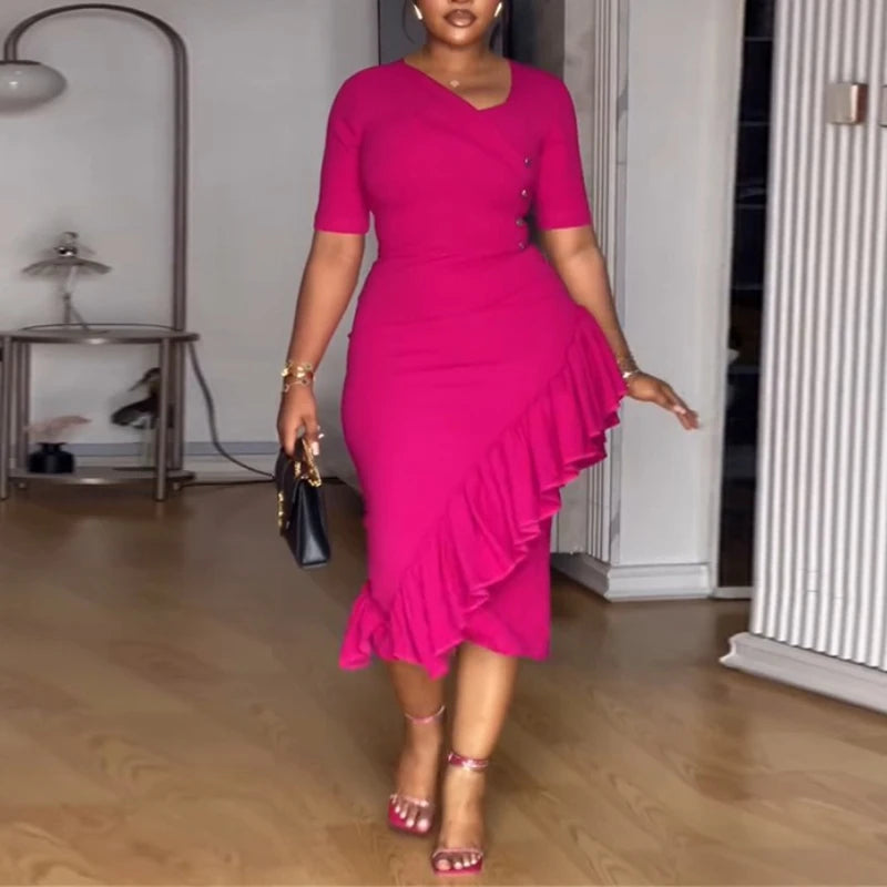 FZ Women's Asymmetrical Neck Short Sleeves Ruffles Cocktail Midi Dress