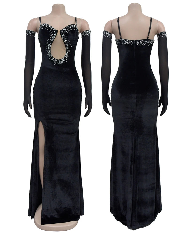 FZ Women's Sparkle Heartbeat Velvet Maxi Rhinestones Evening Dress - FZwear