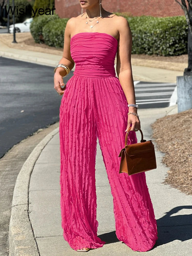 FZ Women's Ruched Strapless Wide Leg One Piece Jumpsuit