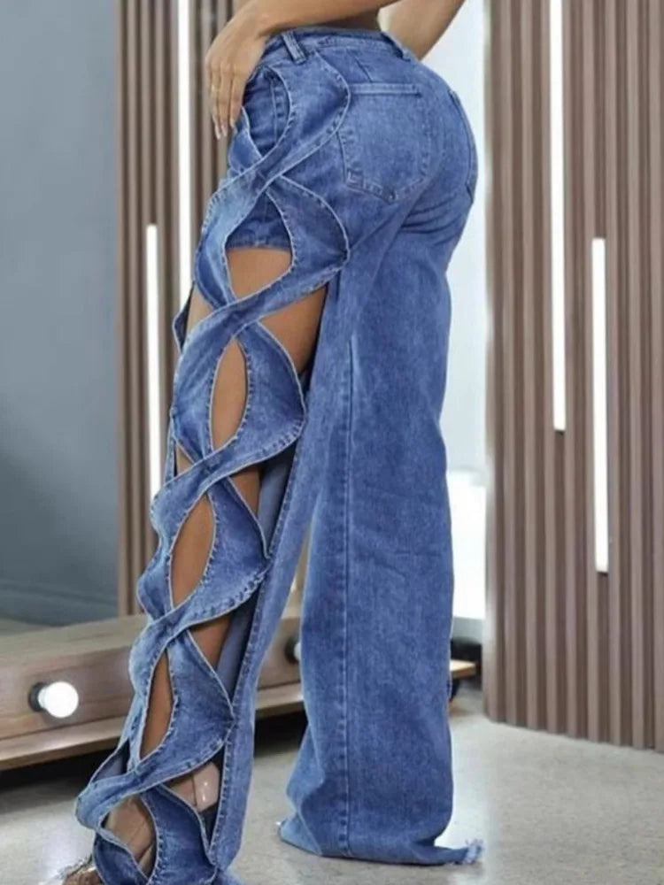 FZ Women's 2 Piece Strapless Lace Up High Waist Flared Denim Pants Suit