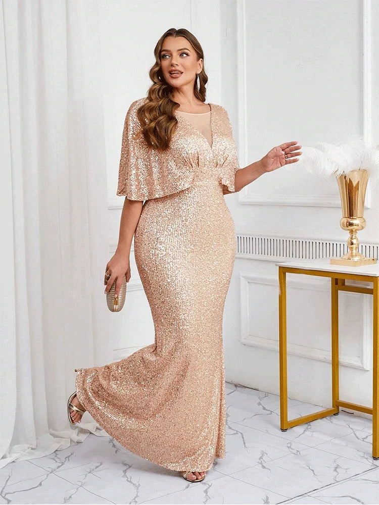 FZ Women's Plus Size V-neck floor-length Half-Sleeve  Evening Dress