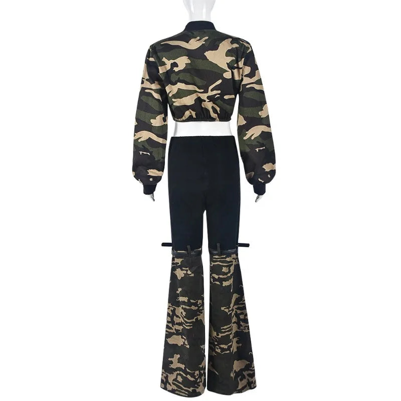 FZ Women's Modified Camouflage Stretch Denim Belt Pants Suit