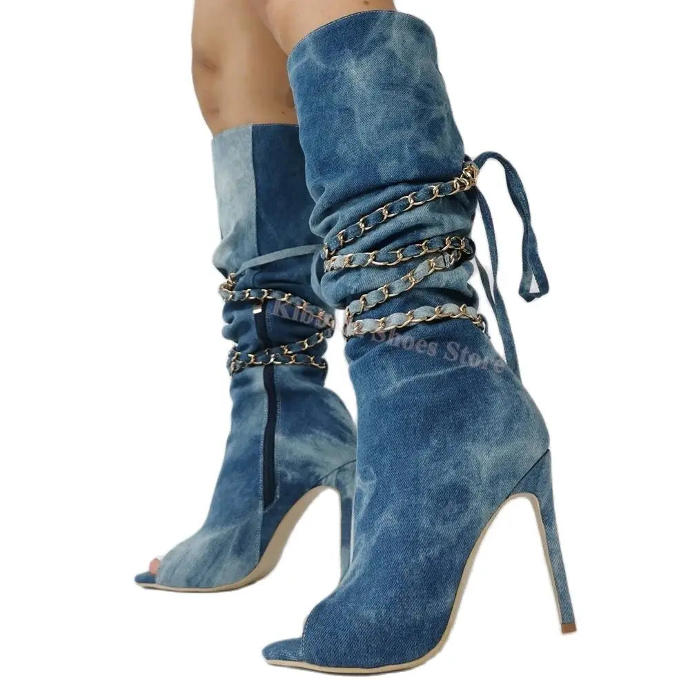 FZ Women's Metal Chain Cross Strap Open Toe Thin Heel Slip-On Denim Shoes