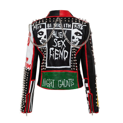 FZ Women's Printed Willow Pin Coat Short Punk Rock Pu Leather Jacket