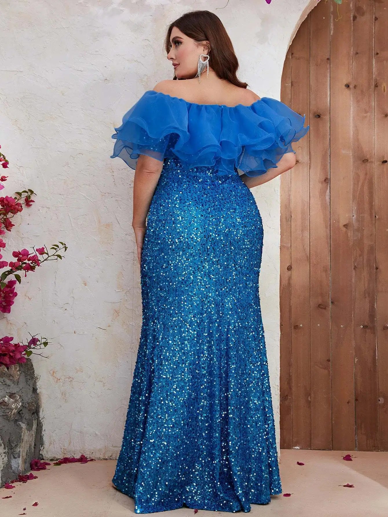 FZ Women's Plus Size Strapless Mesh Splicing Elegant Sequin Evening Dress