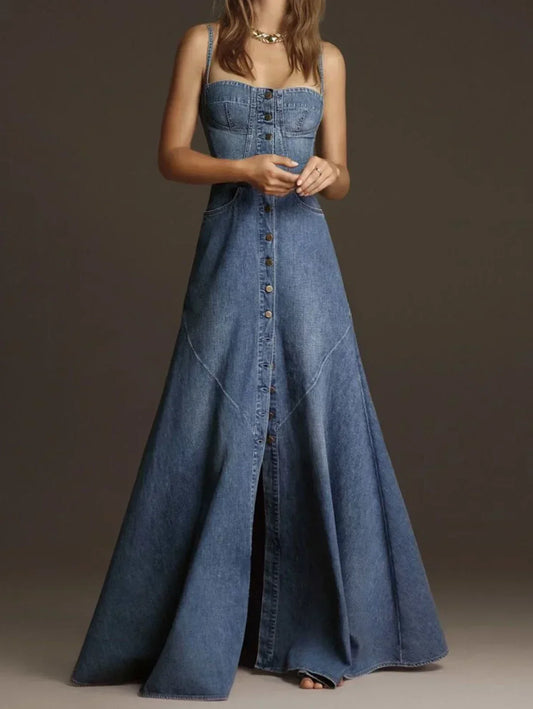 FZ Women's Plus Size Vintage Denim A-line Single Breasted Maxi Dress