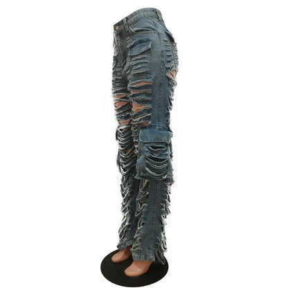 FZ Women's Ripped Light Blue Denim Cargo Pants - FZwear