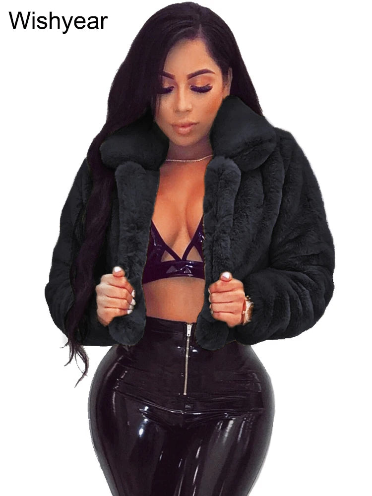FZ Women's Faux Fur Open Stitch Lapel Crop Winter Fluffy Jacket
