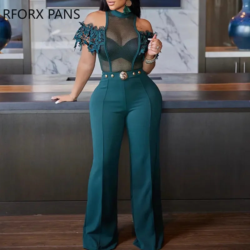 FZ Women's Elegant Solid Mesh Patchwork Lace Off Shoulder Sexy Straight Jumpsuit - FZwear