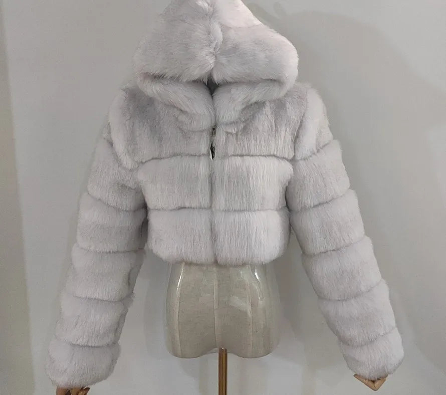 FZ Women's Faux Fur Thick Warm Hooded Open Stitch Short Coat Jacket