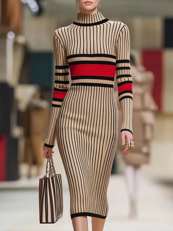 FZ Women's Striped High Neck Midi Knitting Dress