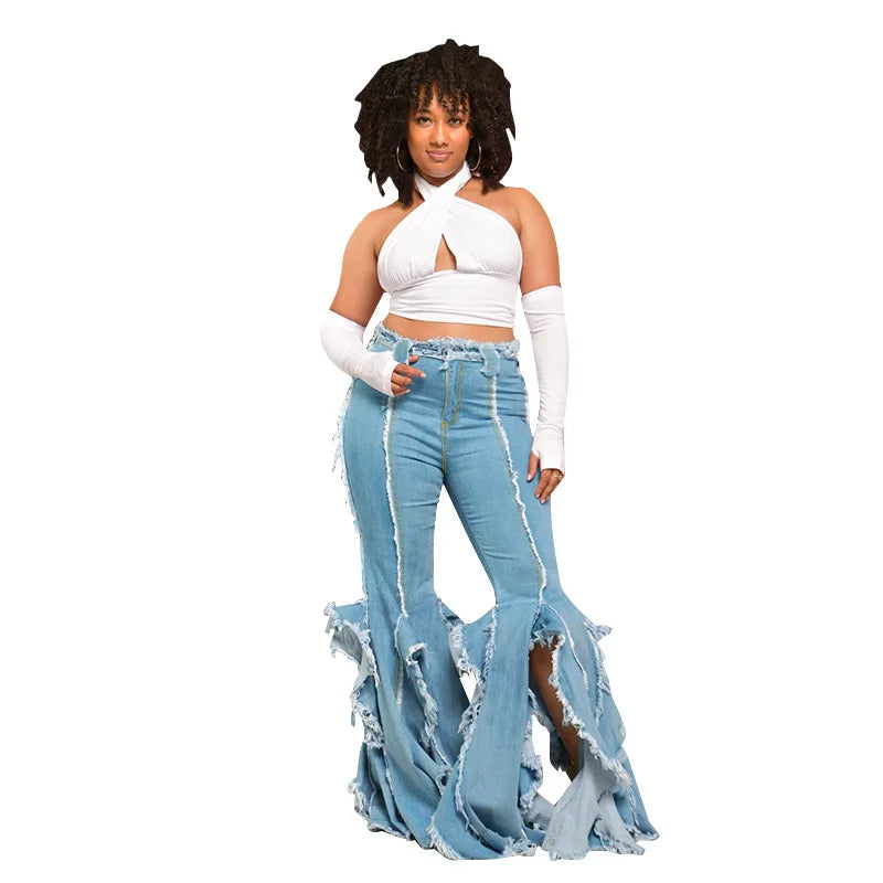 FZ Women High Waisted Fringe Tassel Side Slit Split Hem Retro Denim Pants