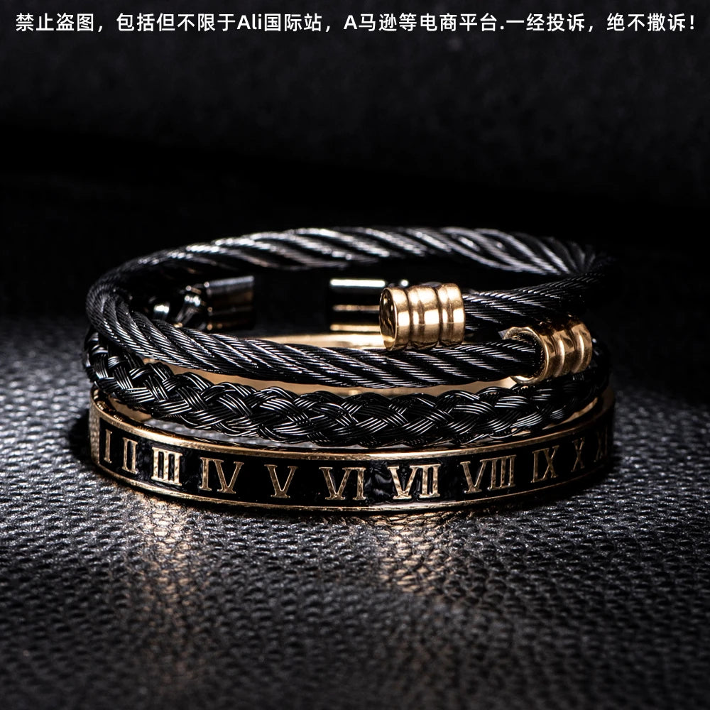 FZ 3pcs/Set Classical Handmade Stainless Steel Hemp Rope Luxury Bracelet - FZwear