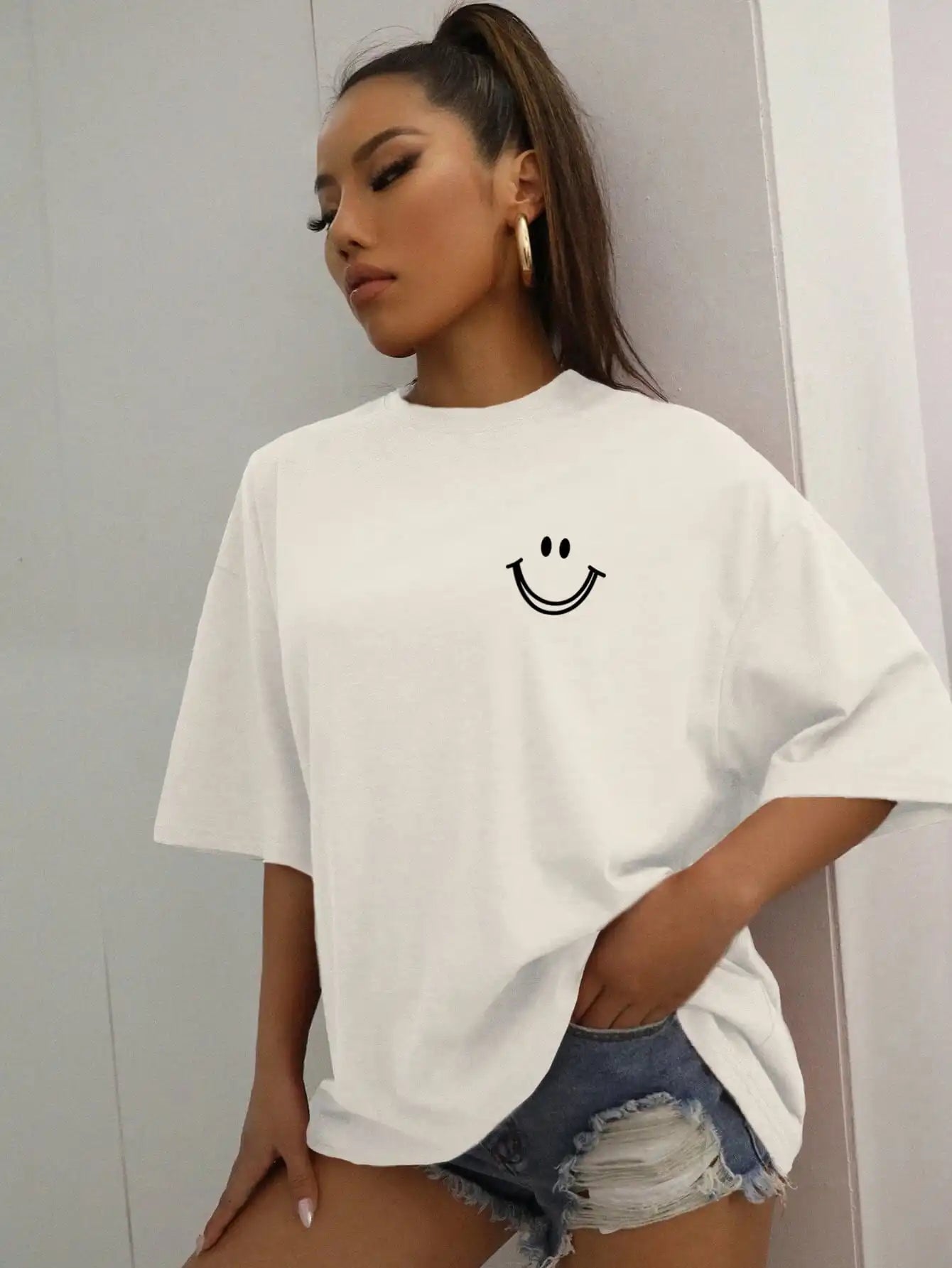 FZ Women's Happy Expression Printed Street Hip Hop Oversized Tee - FZwear