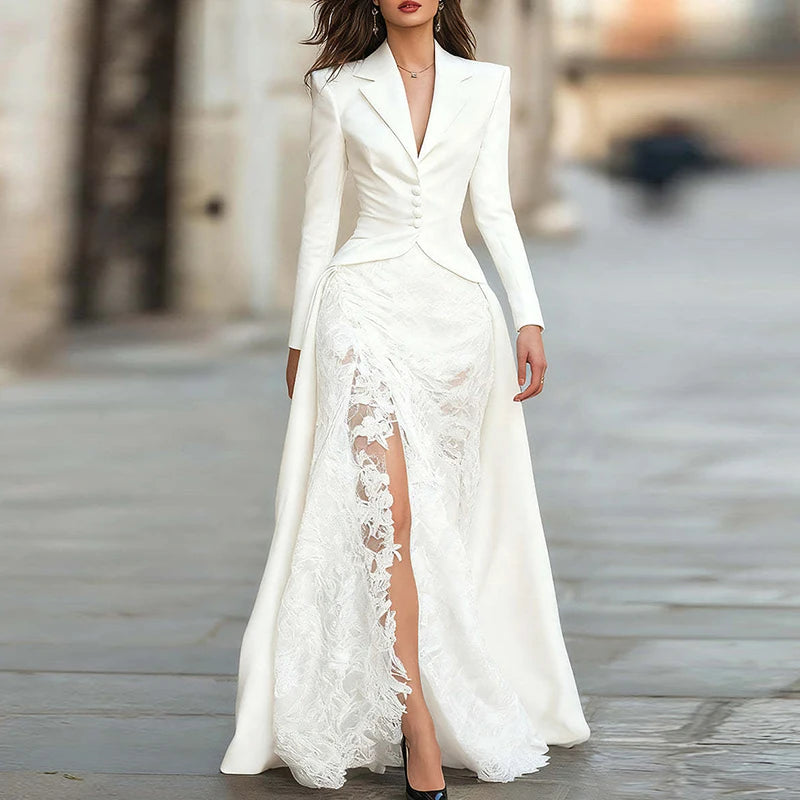 FZ Women's Lace Patchwork Irregular Split Robe High Waist Maxi Dress