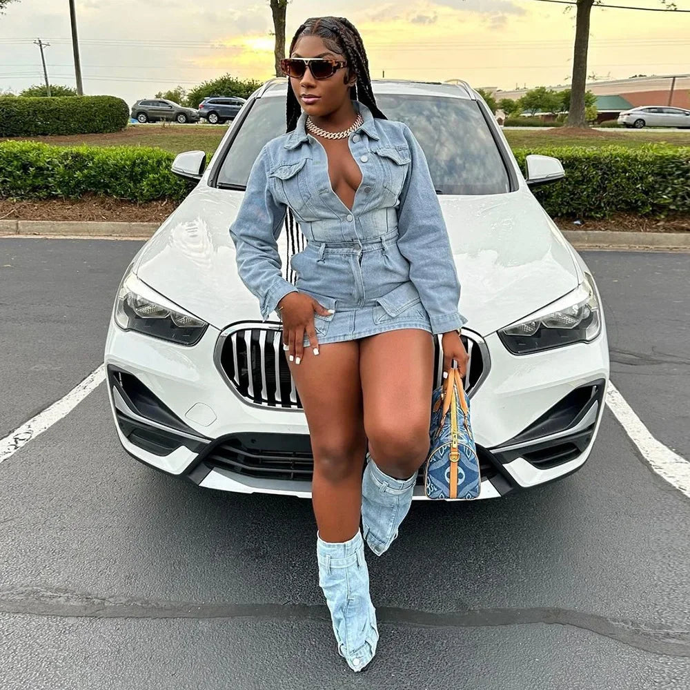 FZ Women's Single Breasted Turn-down Collar Denim Dress