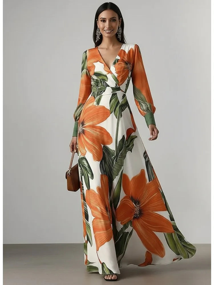 FZ Women's Tropical Floral Print V-Neck Long Sleeve Wrap Maxi Dress