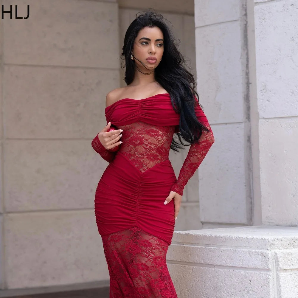 FZ Women's Lace See Through Patchwork Off Shoulder Long Sleeves Evening Dress