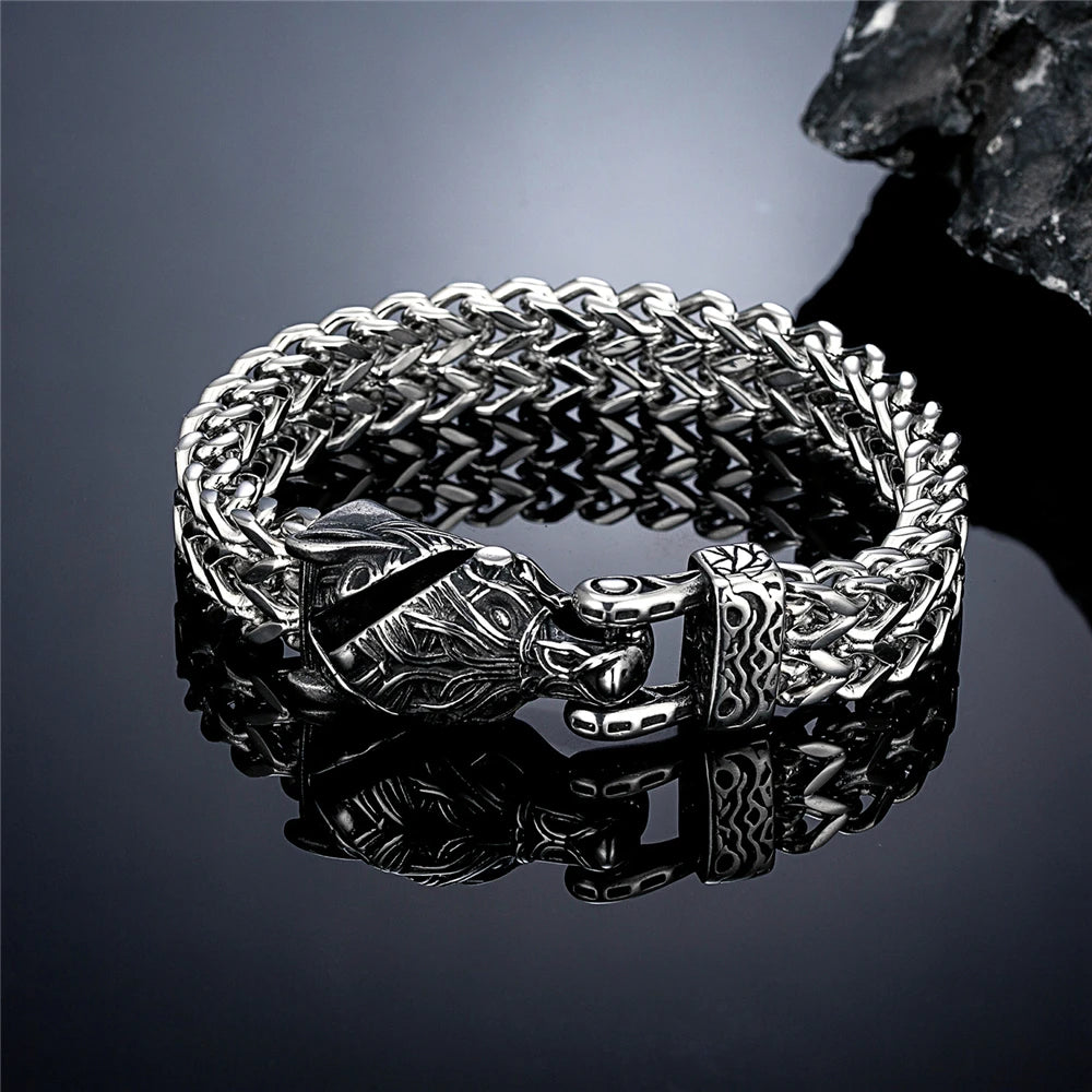 FZ Men's Retro Vikings Stainless Steel Mesh Chain Bear Norse Wolf Bracelet