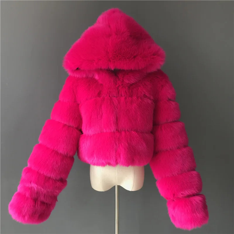 FZ Women's Faux Fur Thick Warm Hooded Open Stitch Short Coat Jacket