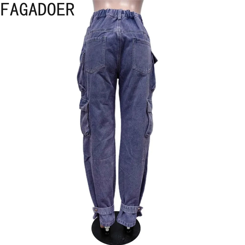 FZ Women's Fashion Cargo Denim High Waisted Button Straight Pants