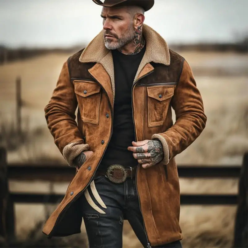 FZ Men's Vintage Patchwork Turn Down Collar Trench Coat Jacket