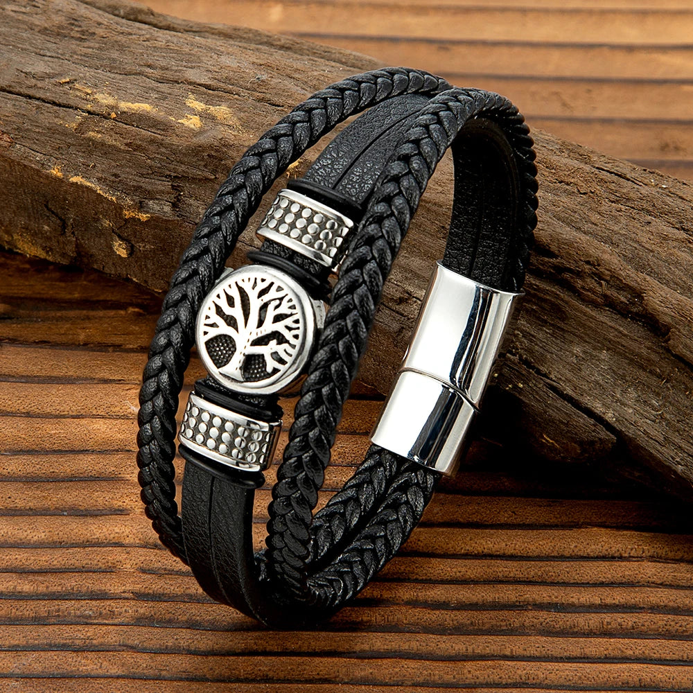 FZ Punk Style Stainless Steel Tree of Life Braided Multilayer Leather Bracelet