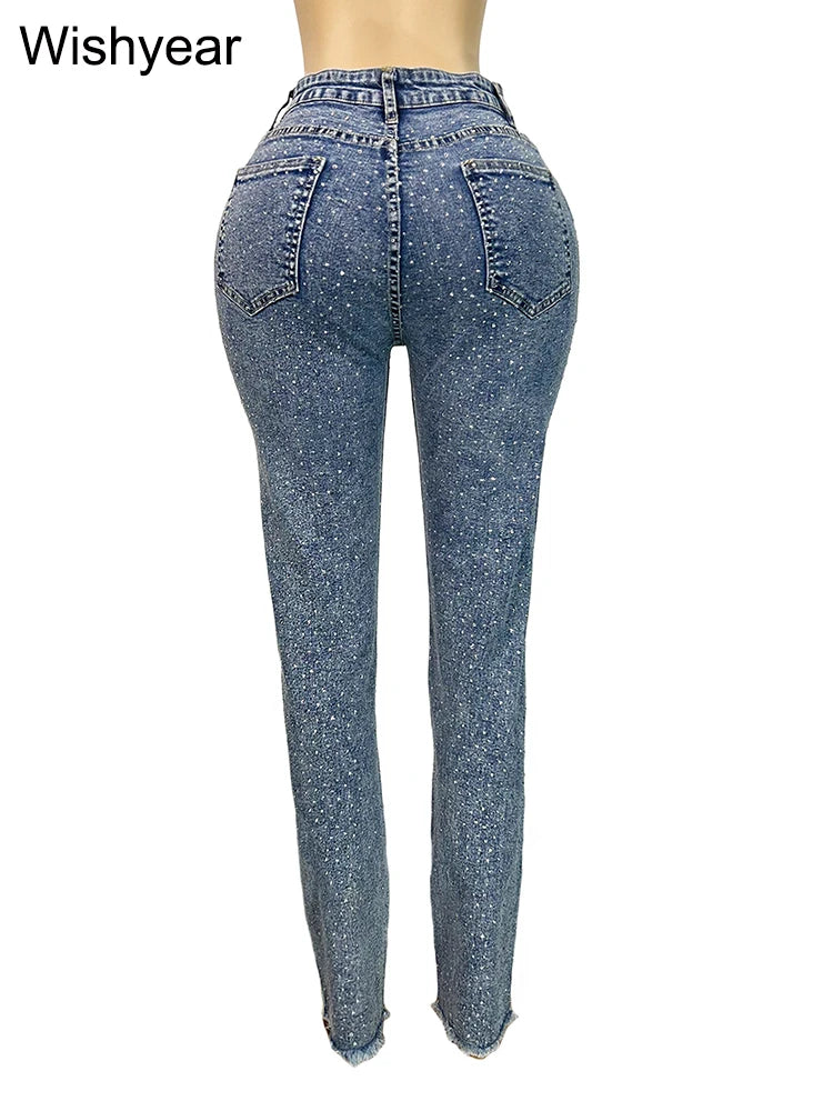 FZ Women's Skinny Stretch Diamonds Hole Pencil High Waist Washed Denim Pants