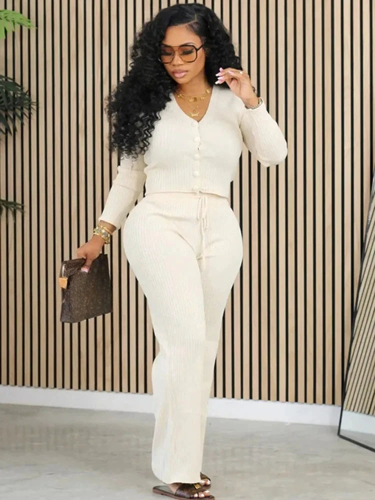 FZ Women's Solid Ribbed Knitted Long Sleeve Button 2 Piece Sets Pants Suit