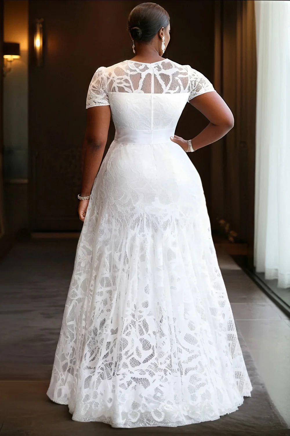 FZ Women's Plus Size Round Neck Short Sleeve Lace Maxi Dress