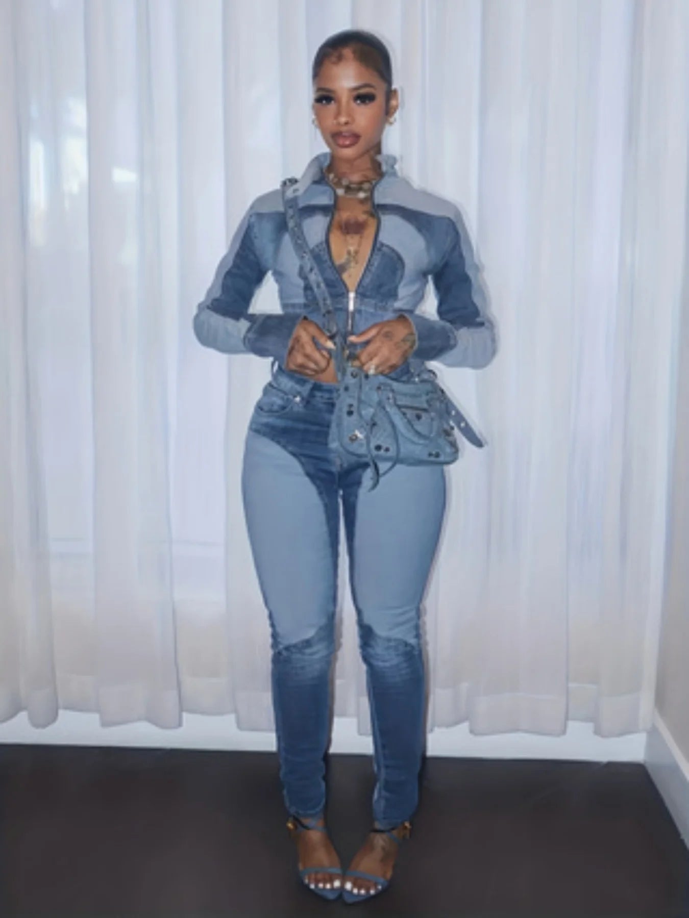 FZ Women's High-Elasticity With A Faux Collar Slim-Fit Denim Suit