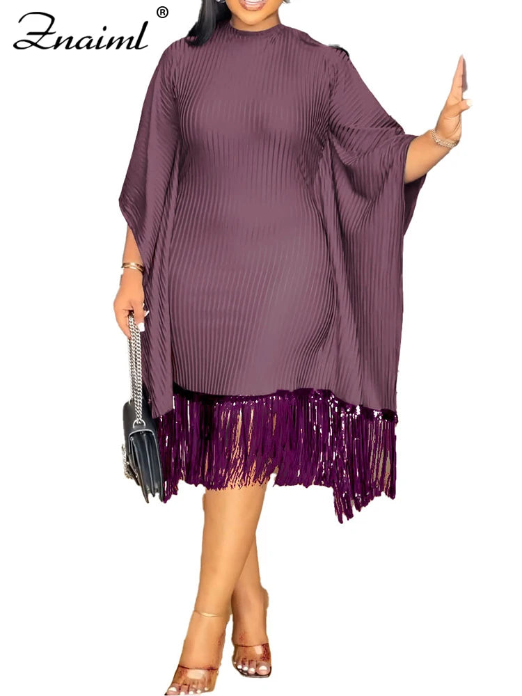 FZ Women's Batwing Sleeve Tassel Slim Midi Evening Dress