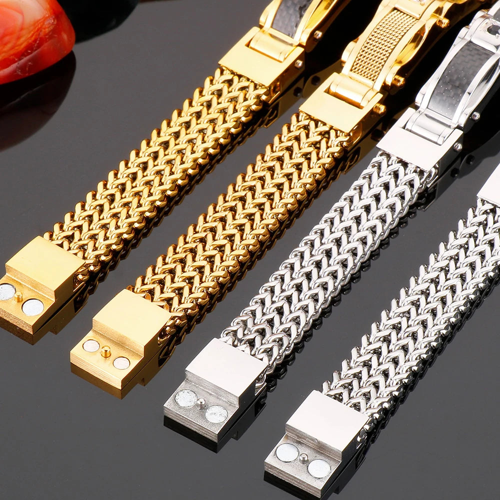 FZ 12MM Wide Stainless Steel Square Franco Link Magnet Clasp Bracelet DSers