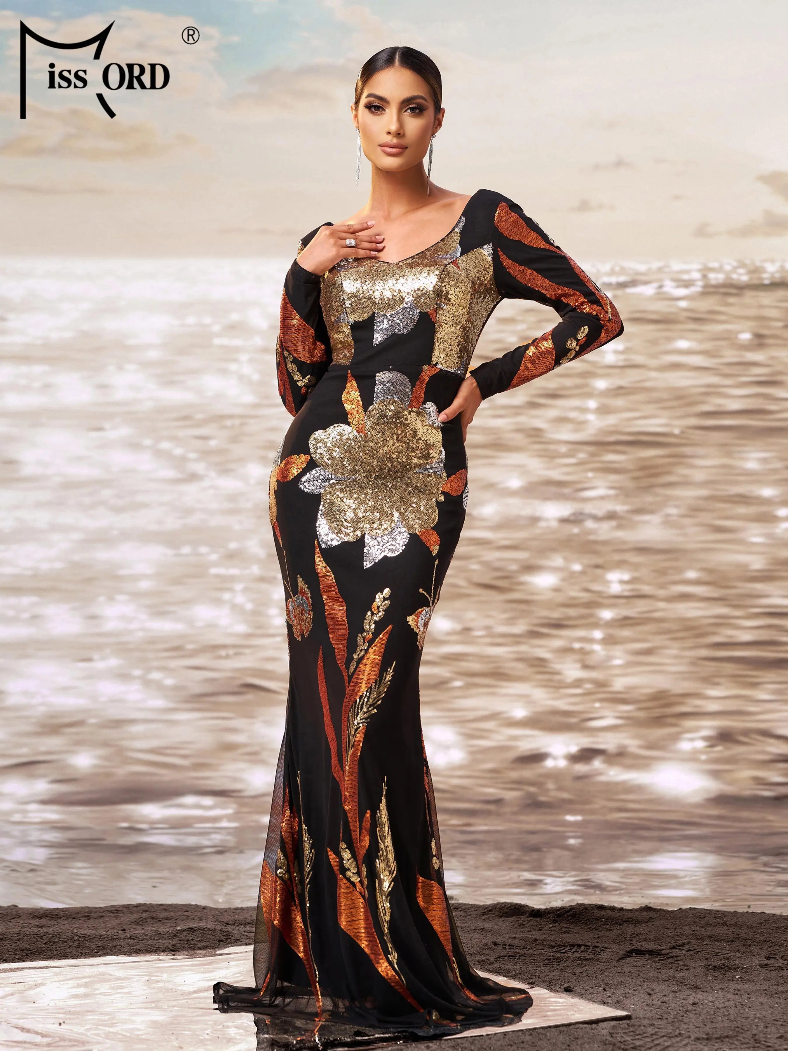 FZ Wokmen's Floral Long Sleeved Sequin Mermaid Evening Dress