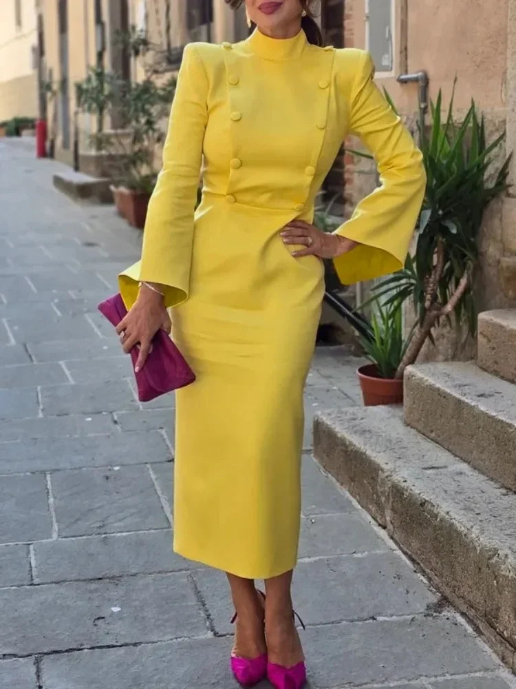 FZ Women's Buttoned High Waisted A-line Flared Sleeves Evening Dress