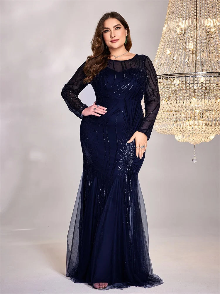 FZ Women's Plus Size Long Sleeves Sequins Mermaid Maxi Evening Dress