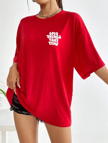 FZ Women's Good Things Take Time Art Letter Oversized Tee - FZwear